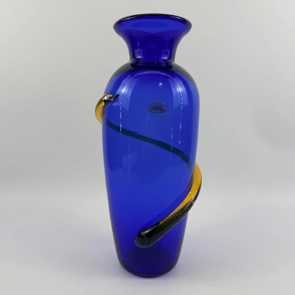 Blenko 9907L Cobalt Blue Art Glass Vase Topaz Applied Spiral Handcrafted USA